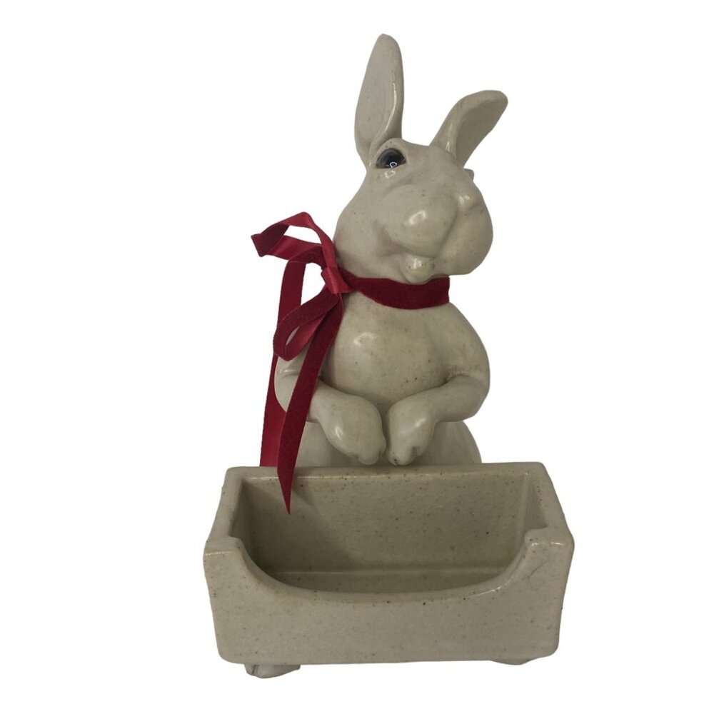 Ceramic art rabbit napkin holder candy dish Easter party‎ decor signed 8"